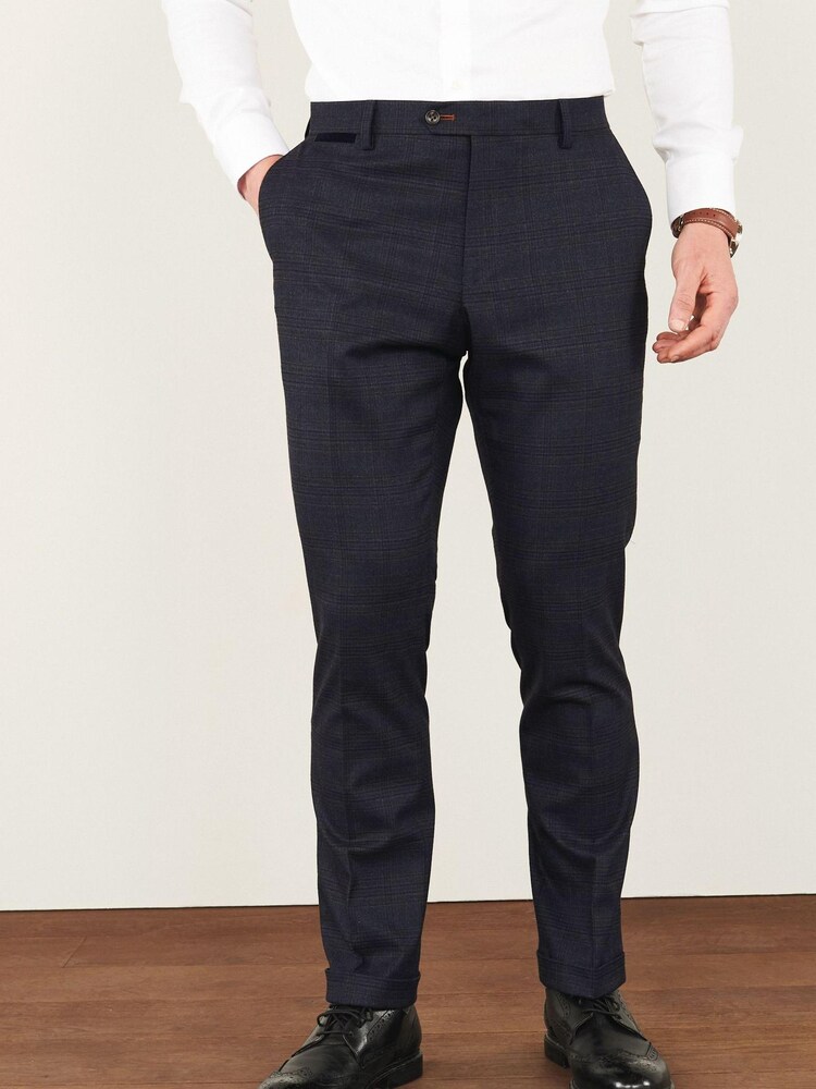 Navy Blue Slim Fit Trimmed Check Suit: Trousers - Image 1 of 7