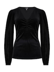 Pour Moi Black Jenna Stretch Velvet Balloon Sleeve Top - Image 3 of 4