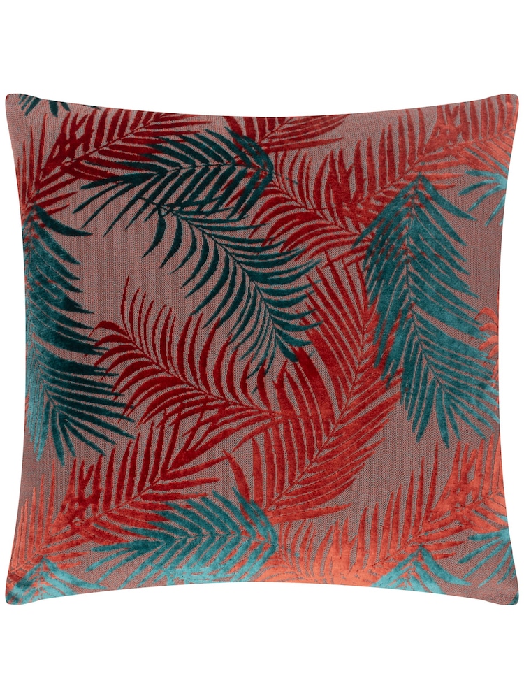 Riva Paoletti Teal Blue/Rust Orange Palm Grove Velvet Polyester Filled Cushion - Image 1 of 5
