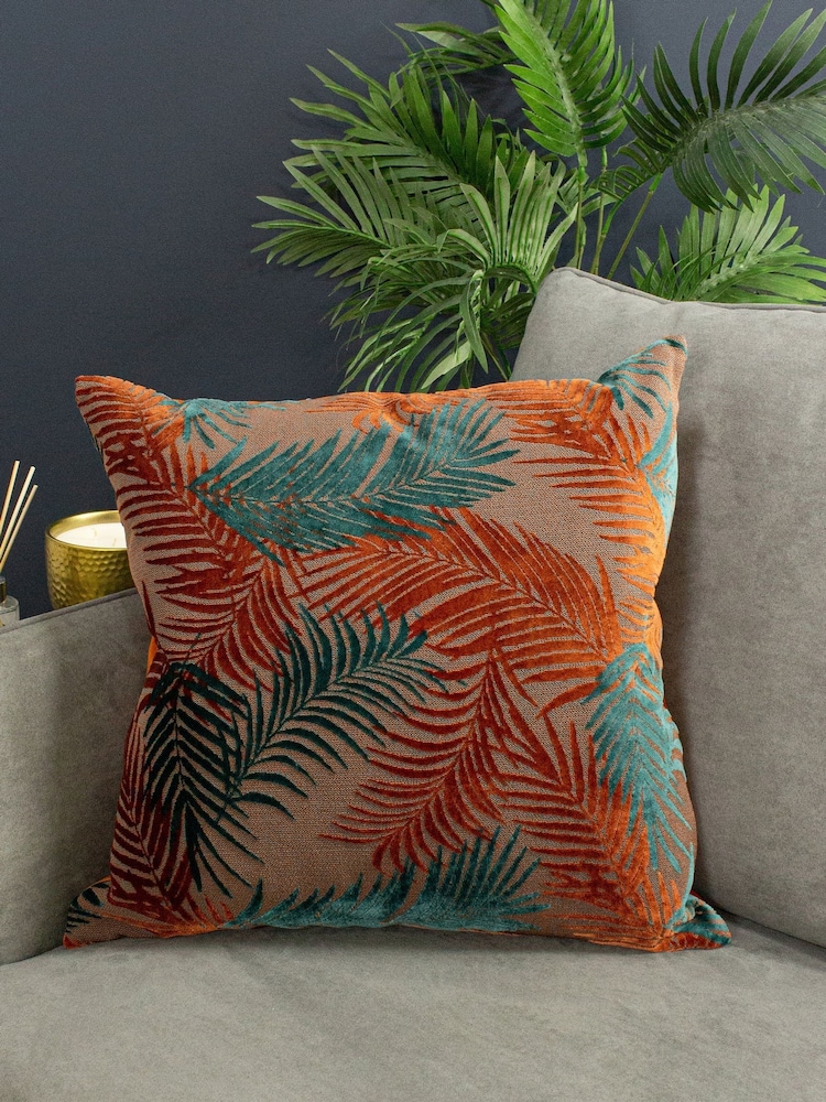 Riva Paoletti Teal Blue/Rust Orange Palm Grove Velvet Polyester Filled Cushion - Image 1 of 6 Riva Paoletti Teal Blue/Rust Orange Palm Grove Velvet Polyester Filled Cushion - Image 1 of 6