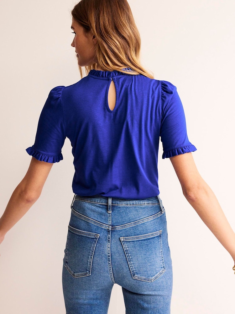 Boden Dark Blue Supersoft Frill Detail T-Shirt - Image 2 of 5 Boden Dark Blue Supersoft Frill Detail T-Shirt - Image 2 of 5
