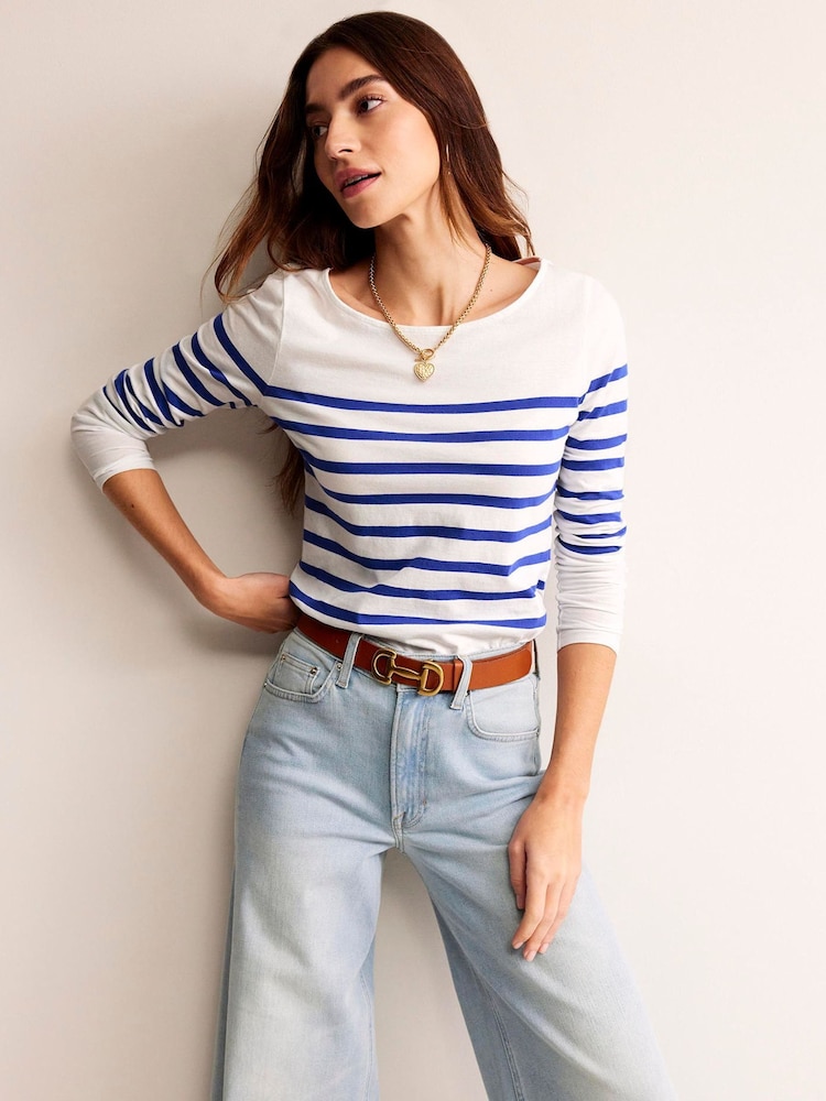 Boden Blue White Ella 100% Cotton Long Sleeve Breton T-Shirt - Image 1 of 6