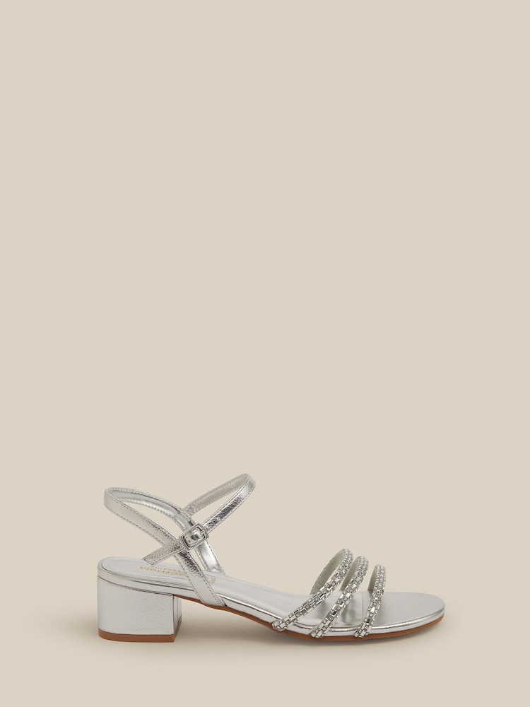 Monsoon Silver Embellished Strap Metallic Heeled Sandals - Image 2 of 3 Monsoon Silver Embellished Strap Metallic Heeled Sandals - Image 2 of 3