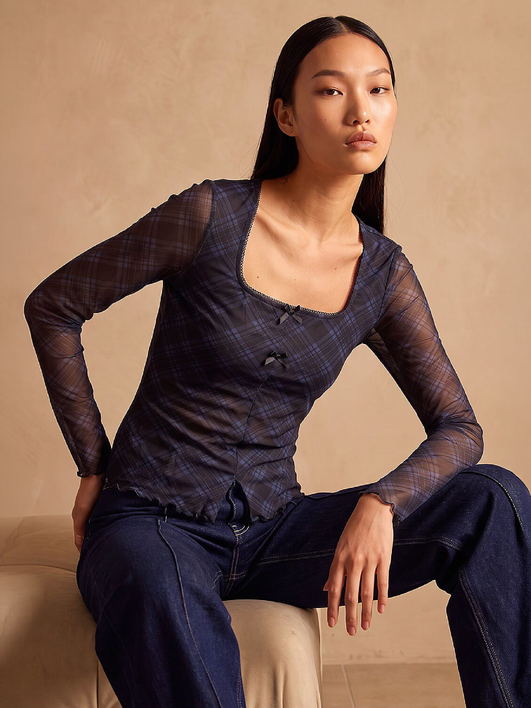 Roman Women's Blue Bow Detail Check Top - Image 1