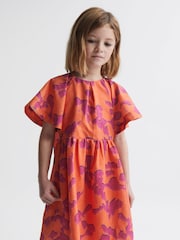 Reiss Orange Print Jeanie Print Midi Dress - Image 3 of 7