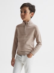 Reiss Wheat Melange Blackhall Junior Quarter Zip Merino Wool Jumper - Image 1 of 6