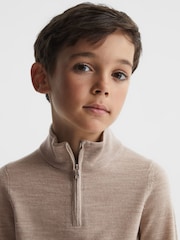 Reiss Wheat Melange Blackhall Junior Quarter Zip Merino Wool Jumper - Image 4 of 6