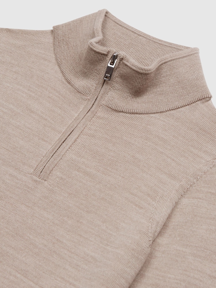 Reiss Wheat Melange Blackhall Junior Quarter Zip Merino Wool Jumper - Image 6 of 6