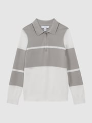 Reiss Soft Grey/White Tokyo 3-9 yrs Slim Fit Half-Zip Long Sleeve Polo Shirt - Image 2 of 6