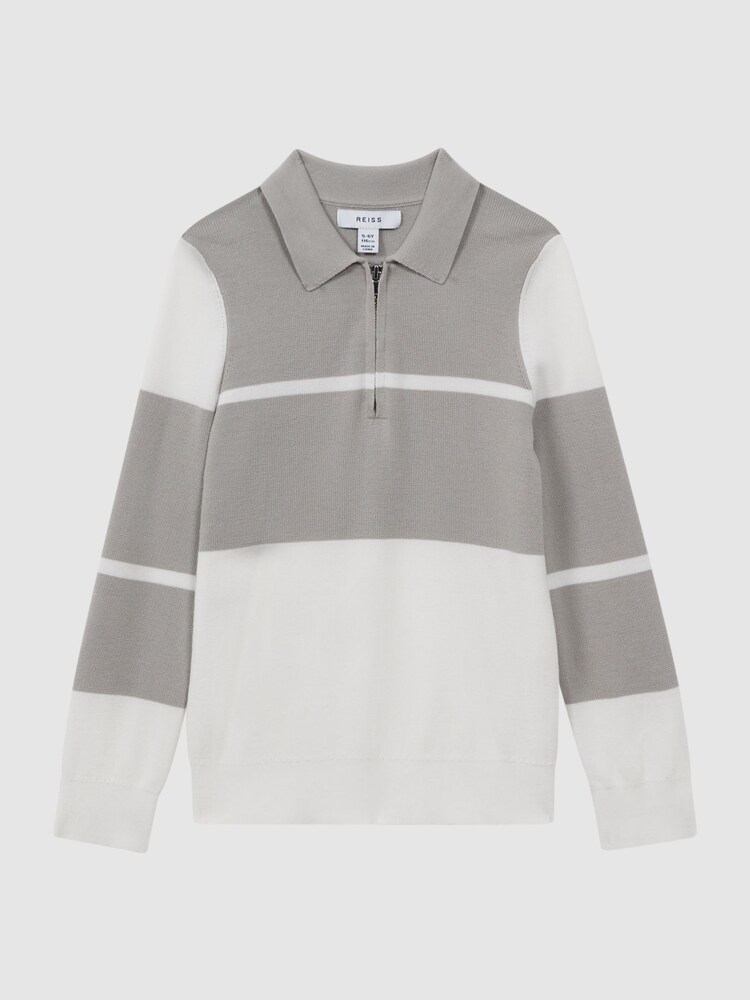 Reiss Soft Grey/White Tokyo 3-9 yrs Slim Fit Half-Zip Long Sleeve Polo Shirt - Image 2 of 6