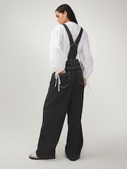 Black Denim Wide Leg Dungarees - Image 5 of 6