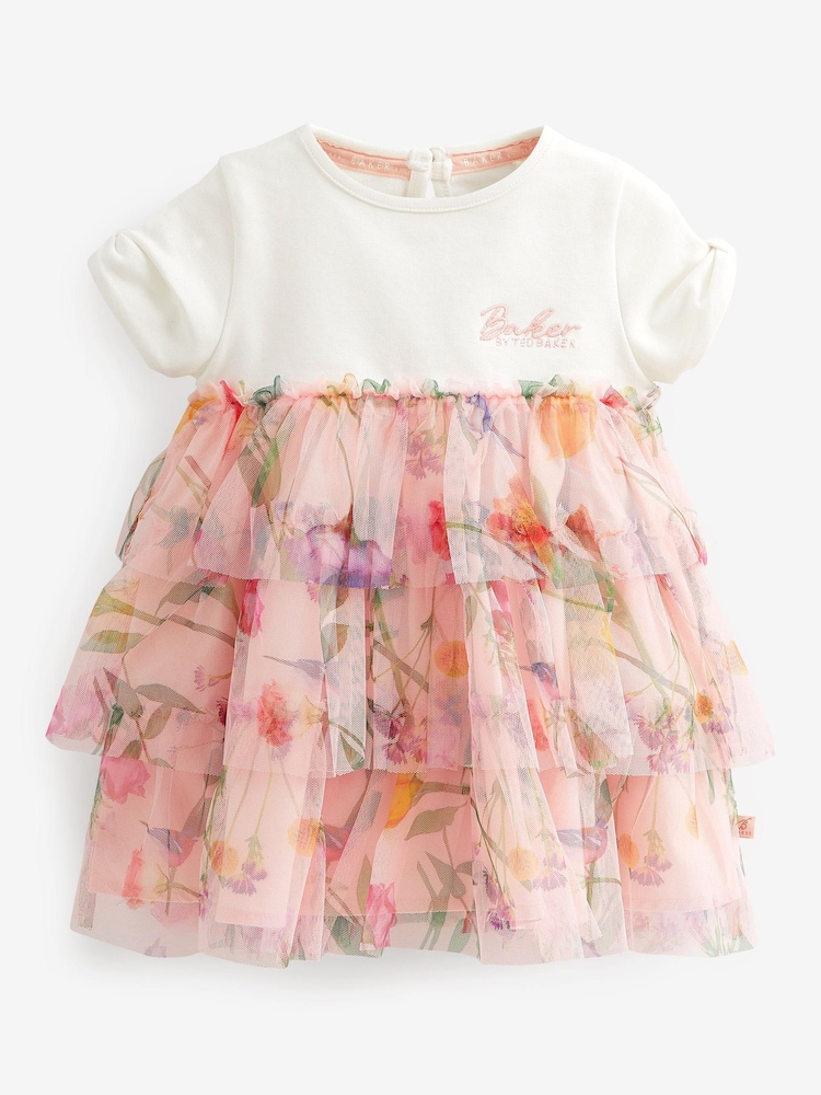 Baker by Ted Baker Pink Floral Tiered Mesh Dress - Image 1 of 4
