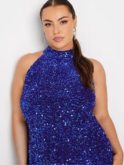 Yours Curve Blue London Sequin Velvet Choker Maxi Dress - Image 4 of 5