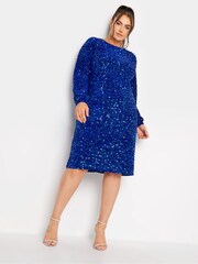Yours Curve Blue London Sequin Velvet Bellow Sleeve Shift Dress - Image 1 of 4