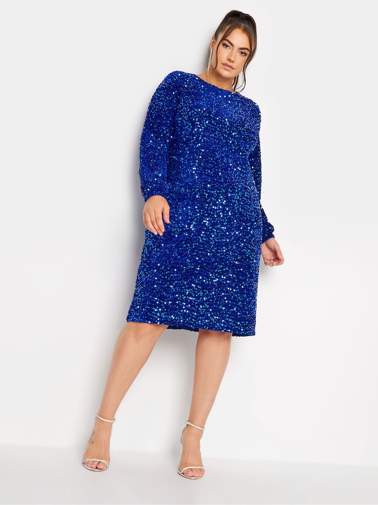 Yours Curve Blue London Sequin Velvet Bellow Sleeve Shift Dress - Image 1 of 4