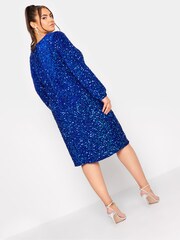 Yours Curve Blue London Sequin Velvet Bellow Sleeve Shift Dress - Image 2 of 4