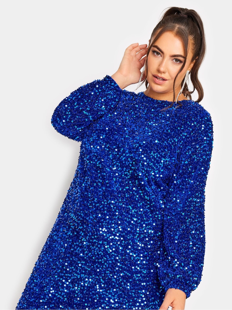 Yours Curve Blue London Sequin Velvet Bellow Sleeve Shift Dress - Image 4 of 4