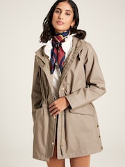 Joules Padstow Mushroom Brown Waterproof Raincoat With Hood - Image 1 of 12