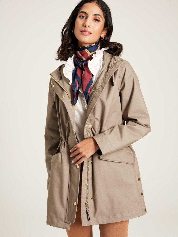 Joules Padstow Mushroom Brown Waterproof Raincoat With Hood - Image 1 of 12
