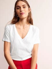Boden White Regular V-Neck Slub 100% Cotton T-Shirt - Image 1 of 5