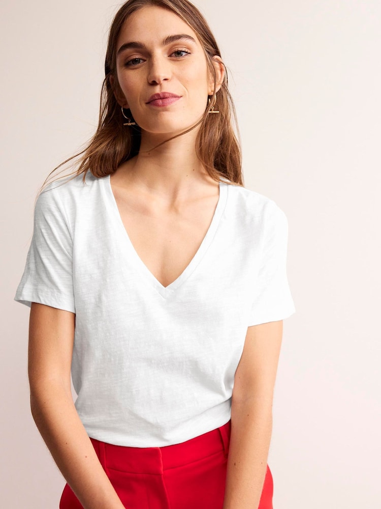 Boden White Regular V-Neck Slub 100% Cotton T-Shirt - Image 1 of 5