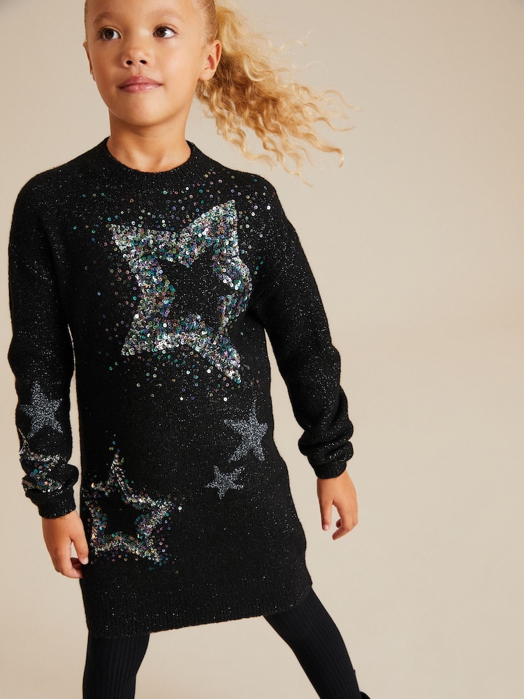 Black Sequin Jumper Dress (3-16yrs) - Image 1 of 8 Black Sequin Jumper Dress (3-16yrs) - Image 1 of 8