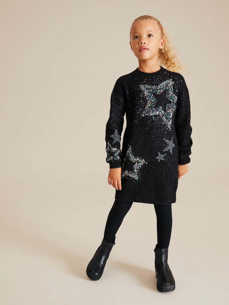 Black Sequin Jumper Dress (3-16yrs) - Image 2 of 8 Black Sequin Jumper Dress (3-16yrs) - Image 2 of 8
