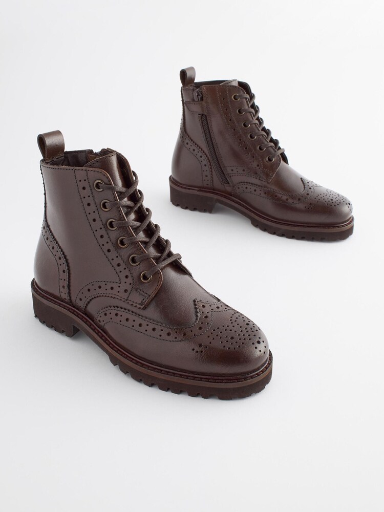 Chocolate Brown Brogue Lace-Up Boots - Image 1 of 6 Chocolate Brown Brogue Lace-Up Boots - Image 1 of 6
