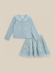 Monsoon Blue Pearl Bow Top & Appliqué Mesh Skirt Set - Image 1 of 2