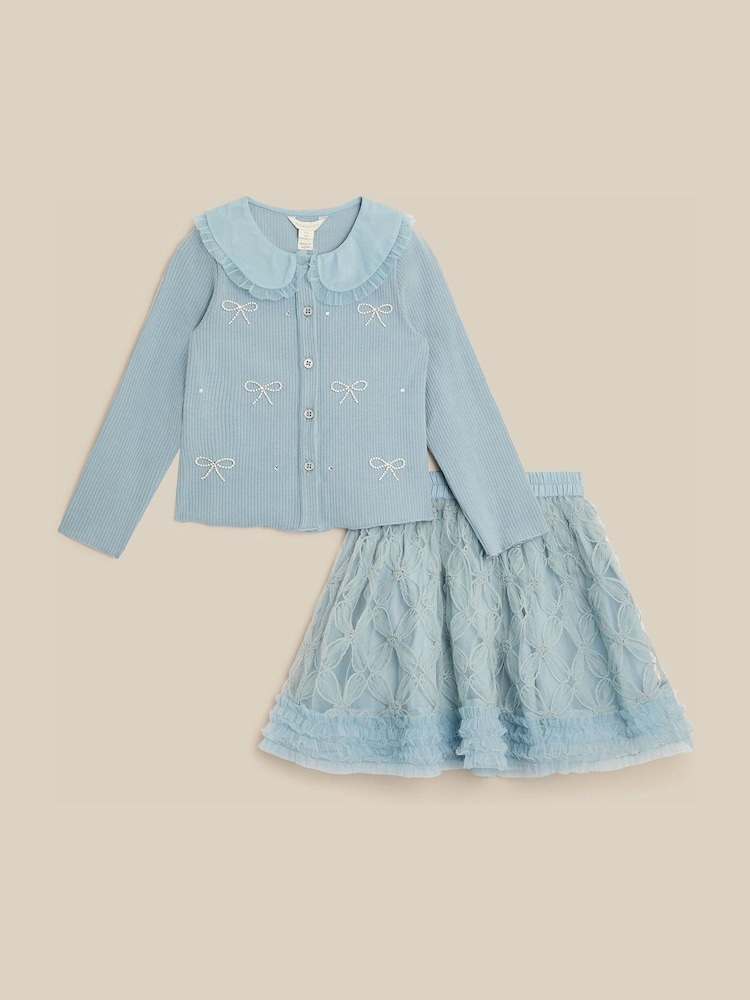 Monsoon Blue Pearl Bow Top & Appliqué Mesh Skirt Set - Image 1 of 2 Monsoon Blue Pearl Bow Top & Appliqué Mesh Skirt Set - Image 1 of 2