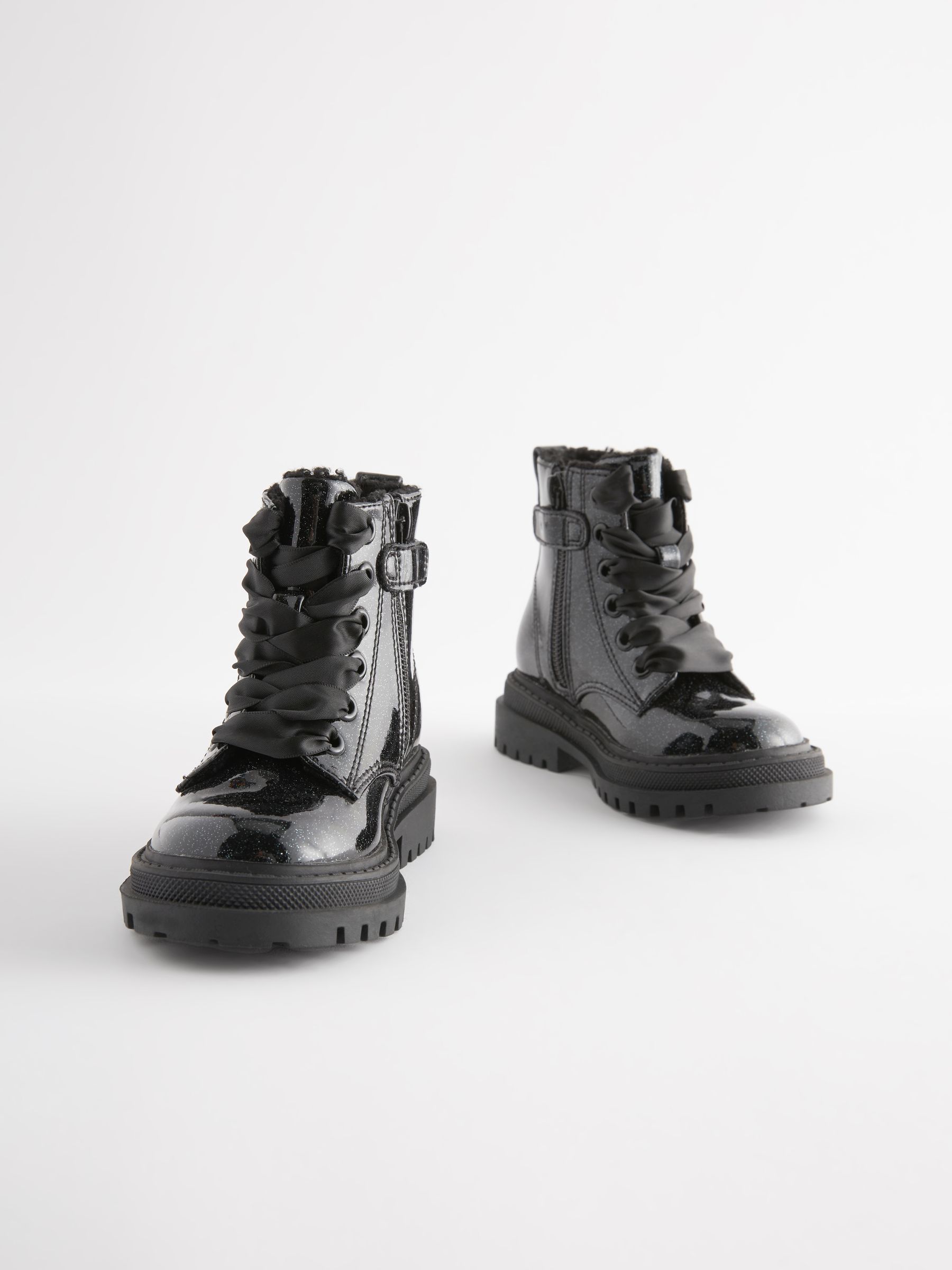 Black Patent Wide Fit G Chunky Lace Up Ankle Boots