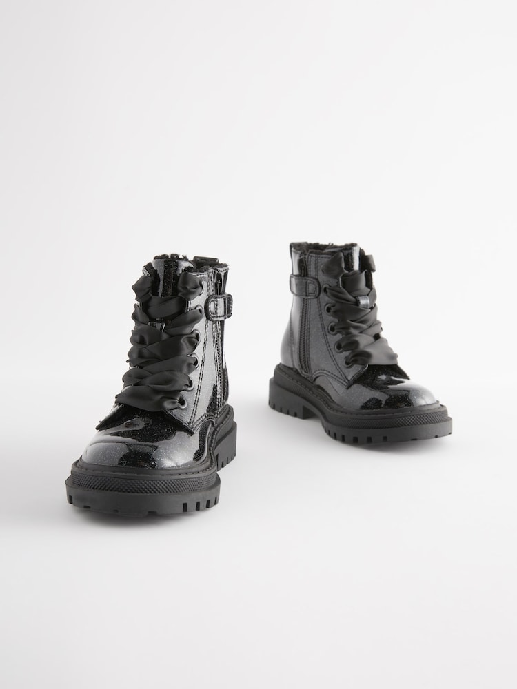 Black Patent Wide Fit (G) Chunky Lace-Up Ankle Boots - Image 1 of 7