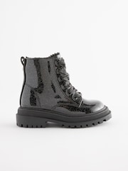 Black Patent Wide Fit (G) Chunky Lace-Up Ankle Boots - Image 2 of 7