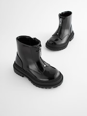 Black Patent Wide Fit (G) Zip Front Chunky Boots - Image 1 of 6