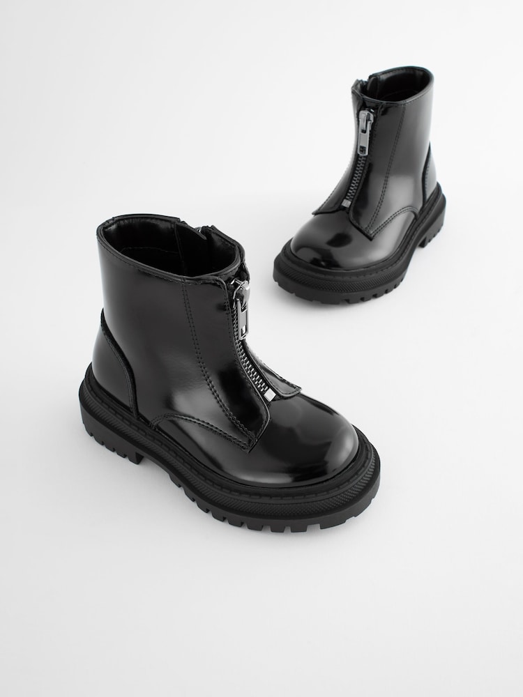 Black Patent Wide Fit (G) Zip Front Chunky Boots - Image 1 of 6
