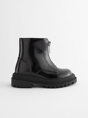Black Patent Wide Fit (G) Zip Front Chunky Boots - Image 2 of 6