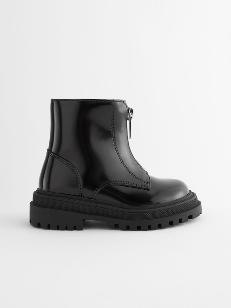 Black Patent Wide Fit (G) Zip Front Chunky Boots - Image 2 of 6