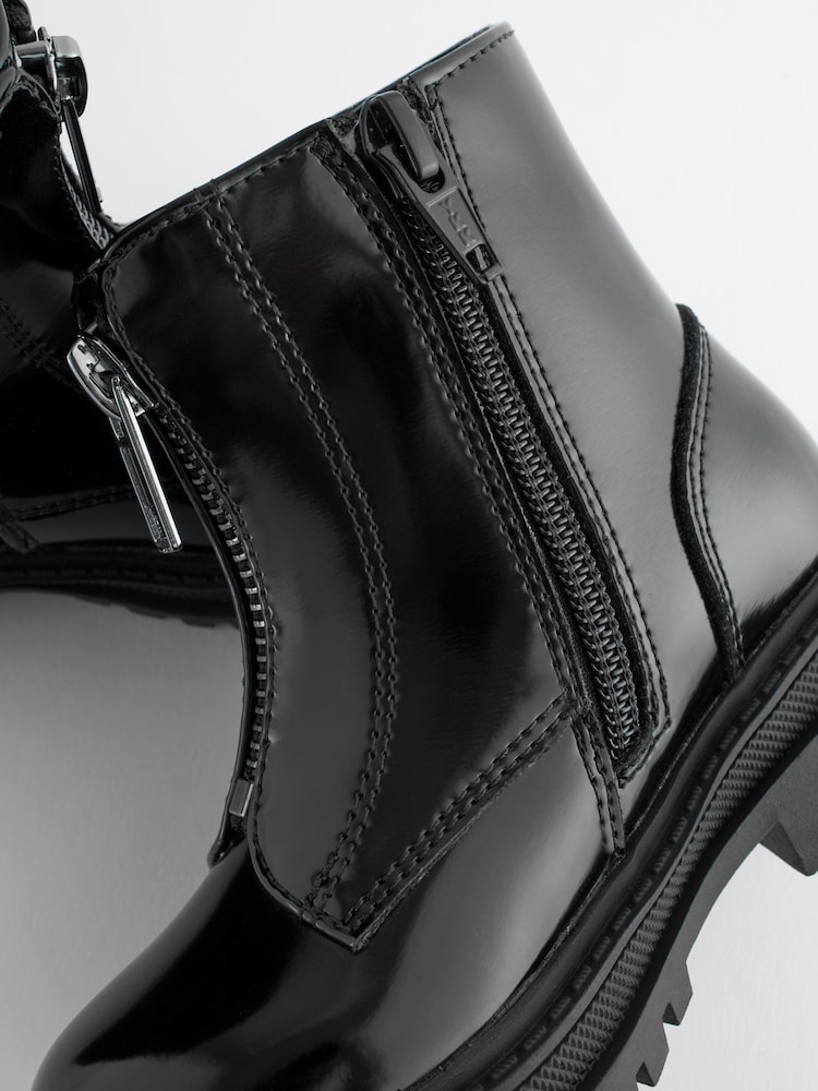 Black Patent Wide Fit (G) Zip Front Chunky Boots - Image 6 of 6