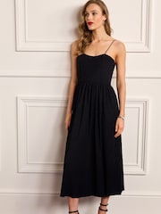 Black Plissé Strappy Corset Midi Dress - Image 1 of 5