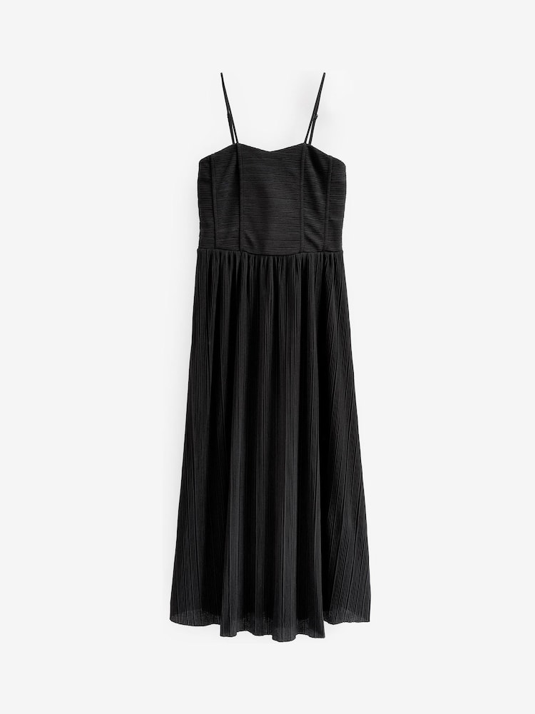 Black Plissé Strappy Corset Midi Dress - Image 5 of 5 Black Plissé Strappy Corset Midi Dress - Image 5 of 5