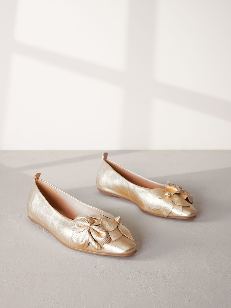 zlata (barva); zlato - Usnjene balerinke Signature Corsage - Slika 1 iz 6