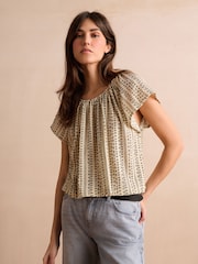 Cream Stripe Print Textured Flutter Sleeve Top - Image 1 of 6