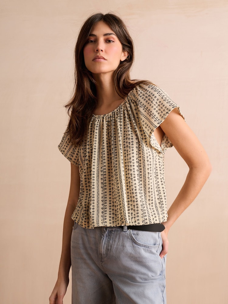 Cream Stripe Print Textured Flutter Sleeve Top - Image 1 of 6