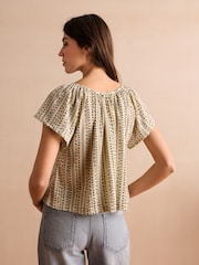 Cream Stripe Print Textured Flutter Sleeve Top - Image 2 of 6