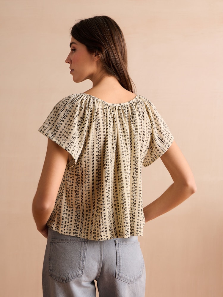 Cream Stripe Print Textured Flutter Sleeve Top - Image 2 of 6