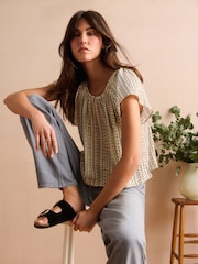 Cream Stripe Print Textured Flutter Sleeve Top - Image 3 of 6