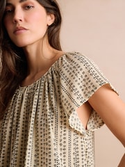 Cream Stripe Print Textured Flutter Sleeve Top - Image 4 of 6