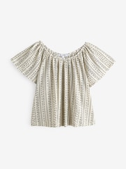 Cream Stripe Print Textured Flutter Sleeve Top - Image 5 of 6