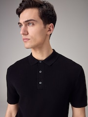 Black Regular Fit Knitted Waffle Textured 100% Cotton Polo Shirt - Image 1 of 6