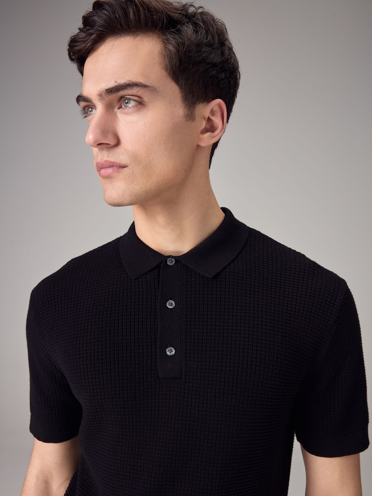 Black Regular Fit Knitted Waffle Textured 100% Cotton Polo Shirt - Image 1 of 6